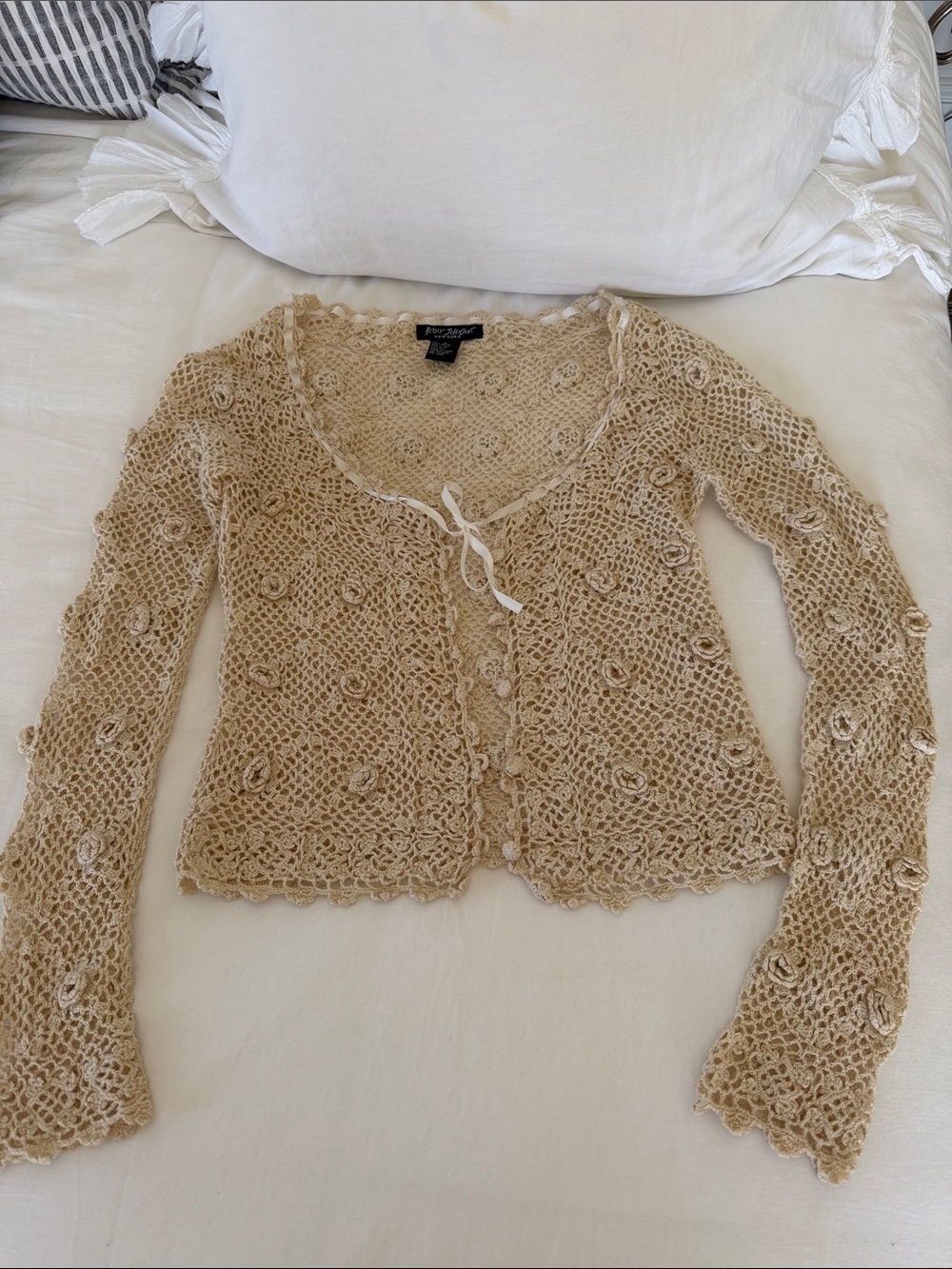 Rare Vintage Couture Betsey Johnson Beige Open-Knit Crochet Tie-Front Cardigan